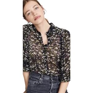 Ganni Women’s Georgette Button Black Floral Print Crepe Blouson top-size 34 XS